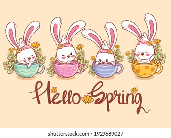 cute bunny with a flower spring. cartoon character illustration hello spring