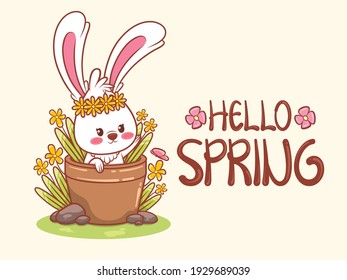 cute bunny with a flower spring. cartoon character illustration hello spring