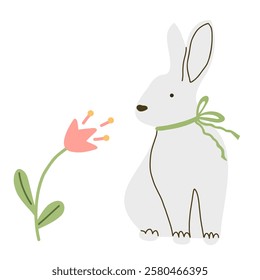 Cute bunny with flower. Vector flat illustration. Easter celebration