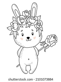 Cute bunny in flower wreath and big rose. Vector illustration. Postcard in style of hand drawn linear doodles. Funny animal for design and decoration, greeting cards, childrens collection