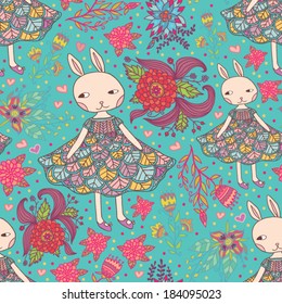 cute bunny and flowers blue seamless pattern