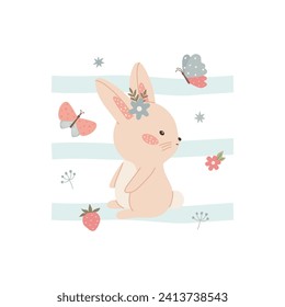 Cute bunny with flowers butterfly stripes. Childish little baby rabbit for design and kids print on t-shirt. Simple isolated vector illustration.