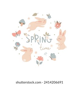 Cute bunny with flowers butterfly and text spring. Childish little baby rabbit composition for design and kids print on t-shirt. Simple isolated vector illustration.