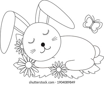 Cute bunny and flowers. Coloring page. Vector illustration. 