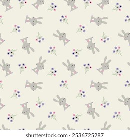 cute bunny and flowers drawing as vector for kids fashion pattern design