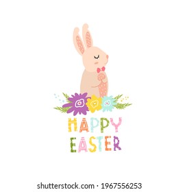 Cute bunny with flowers for Easter card decoration. Pink hare for printing on clothes, fabrics, dishes, towels. Doodle style. Design for a holiday. Cute Easter animal with flowers.