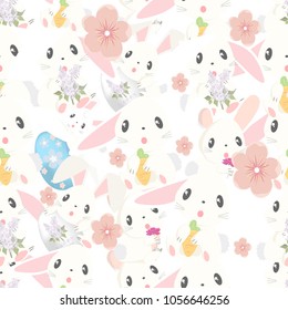 Cute bunny with flowers and easter eggs background. Vector seamless pattern. Spring pattern.