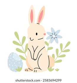 Cute bunny with flowers and Easter eggs concept. Vector Easter flat illustration isolated on a white background.