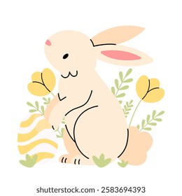 Cute bunny with flowers and Easter eggs concept. Vector Easter flat illustration isolated on a white background.
