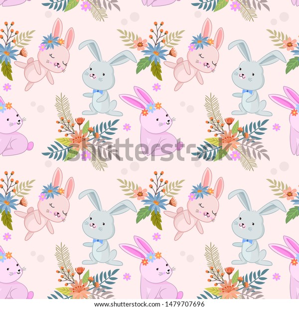 Cute Bunny Flowers Garden Seamless Pattern Stock Vector (Royalty Free ...