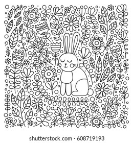 Cute bunny in flowers. Hand drawn doodle card with rabbit and floral ornament. Nice childish design. Coloring page for coloring book. Black and white. Vector outline illustration.