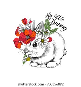 Cute Bunny with a Flowers headband. Vector illustration.