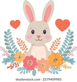 Cute bunny with flowers and hearts
