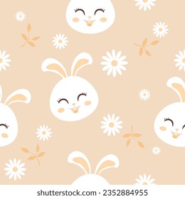 Cute bunny with flowers and leaves seamless pattern on pastel pink background.