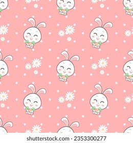 Cute bunny with flowers and leaves seamless pattern on pastel pink background.