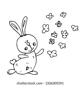 Cute bunny with with flowers. Line drawing. Print. Vector illustration.