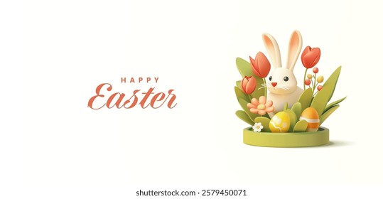 Cute bunny in flowers on a green podium, 3D. Easter eggs, daisies, tulips, grass. Bright modern banner for advertising concepts and Easter greetings. Vector