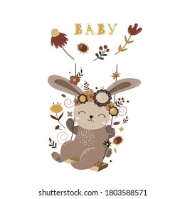 cute bunny with flowers on his head is riding a swing. vector illusion