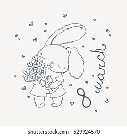 Cute bunny with flowers on March 8. Postcard for design, children's and coloring books, prints. Vector illustration.