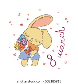 Cute bunny with flowers on March 8. Postcard for design, children's and coloring books, prints. Vector illustration.