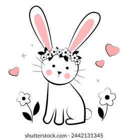 Cute bunny with flowers on white background. Doodle