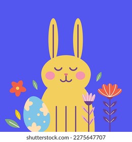 Cute bunny in flowers, painted egg in nordic style. Bright  blue Easter background. Minimalist modern style design postcard.