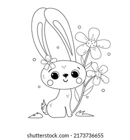 Cute bunny with flowers. Picture for coloring.