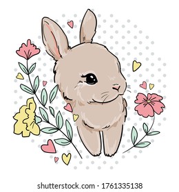 Cute Bunny with flowers. Print for children's textiles, poster design, nursery. Rabbit. Vector illustration stock.