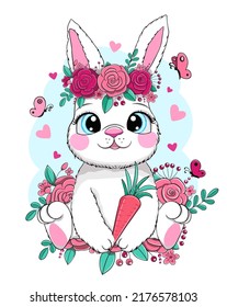 Cute Bunny and flowers. print design rabbit vector illustration