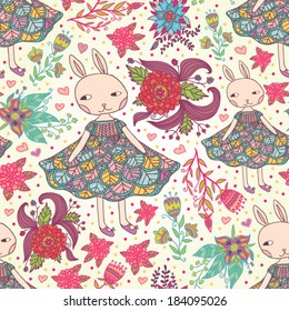 cute bunny and flowers seamless pattern