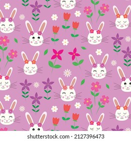 Cute bunny with flowers seamless pattern on purple background. Great for kids textile , wallpaper and easter greeting cards 