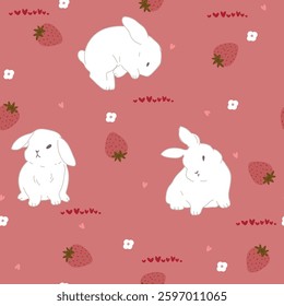 Cute bunny , flowers and strawberry, seamless pattern. Vector illustration with bunny for Easter.