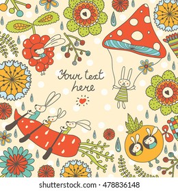 Cute bunny and flowers. Vector postcard.