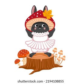 Cute bunny in fly agaric costume, standing on stump. Rabbit in red mushroom hat. Cartoon character. Vector flat illustration.