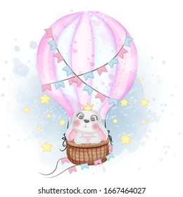 cute bunny flying with air balloon nursery watercolor illustration