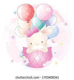 Cute bunny flying with air balloon