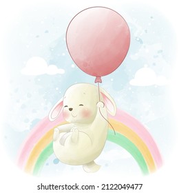 Cute bunny flying with balloon cartoon illustration watercolor style