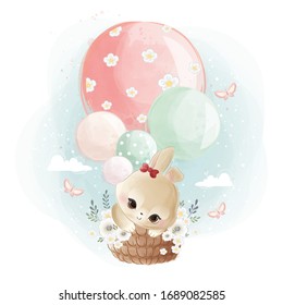 Cute Bunny Flying With Balloons