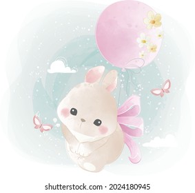 Cute Bunny Flying With a Flowery Balloon 