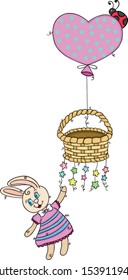 Cute bunny flying holding a basket with balloon and stars
