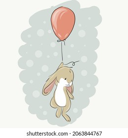 cute bunny is flying in a hot air balloon and it is snowing