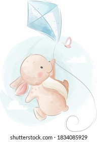 Cute Bunny Flying with a Kite