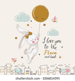 Cute Bunny flying to the moon.cartoon hand drawn vector illustration. Can be used for baby t-shirt print, fashion print design, kids wear, baby shower celebration greeting and invitation card.