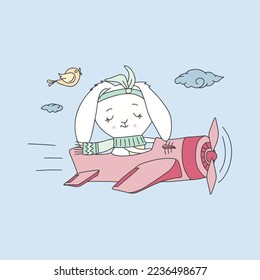 cute bunny flying over airplane cartoon hand drawn vector illustration. Can be used for t-shirt print, kids wear fashion design, baby shower invitation card.