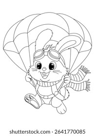 Cute bunny flying with a parachute. Funny cartoon animal adventure travel character for kids. Perfect for coloring books, posters, children’s games and print.