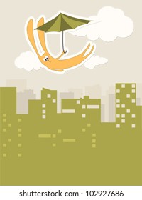 Cute bunny flying with umbrella