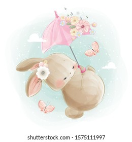 Cute Bunny Flying with an Umbrella