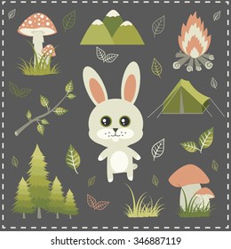 Cute Bunny and forest. Pine trees, tent, mushrooms, leaves. Vector illustration for kids