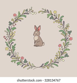 Cute bunny in the frame of wreath of leaves and flowers