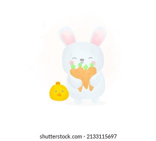 Cute bunny with friend holding carrot in watercolor style